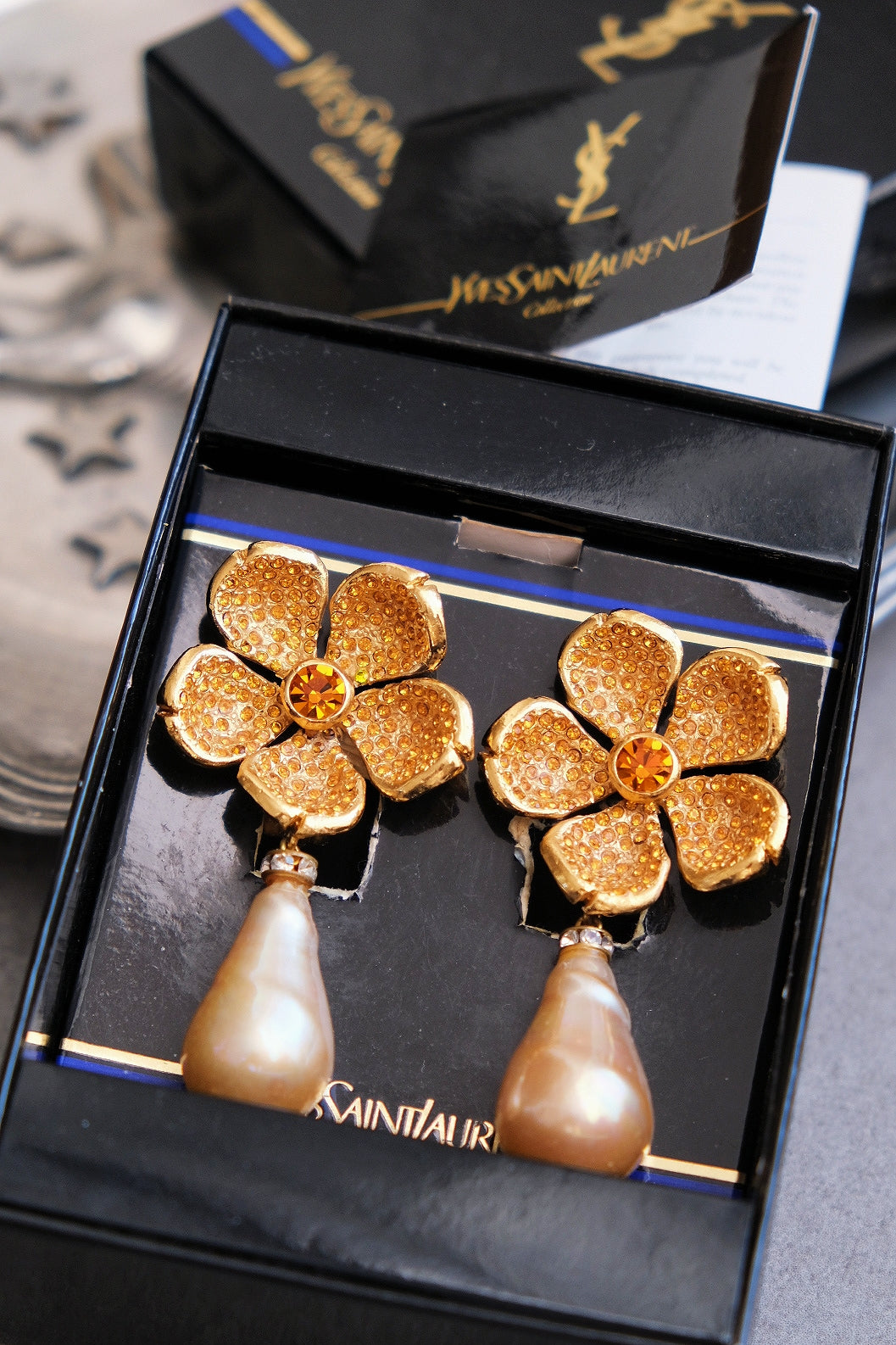 Yves Saint Laurent YSL Rive Gauche vintage flower runway earclips statement earrings