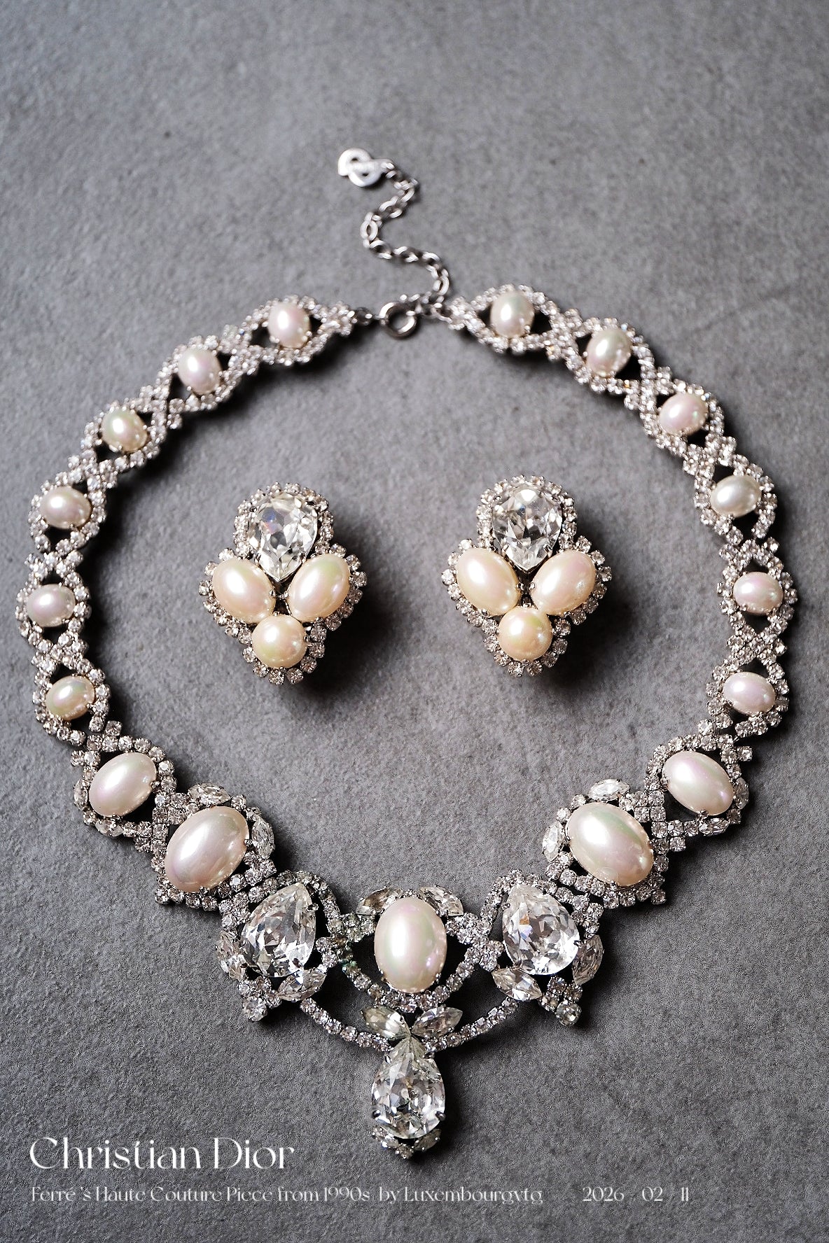 Christian Dior Crystal imitation pearl earclips/necklace jewelry set