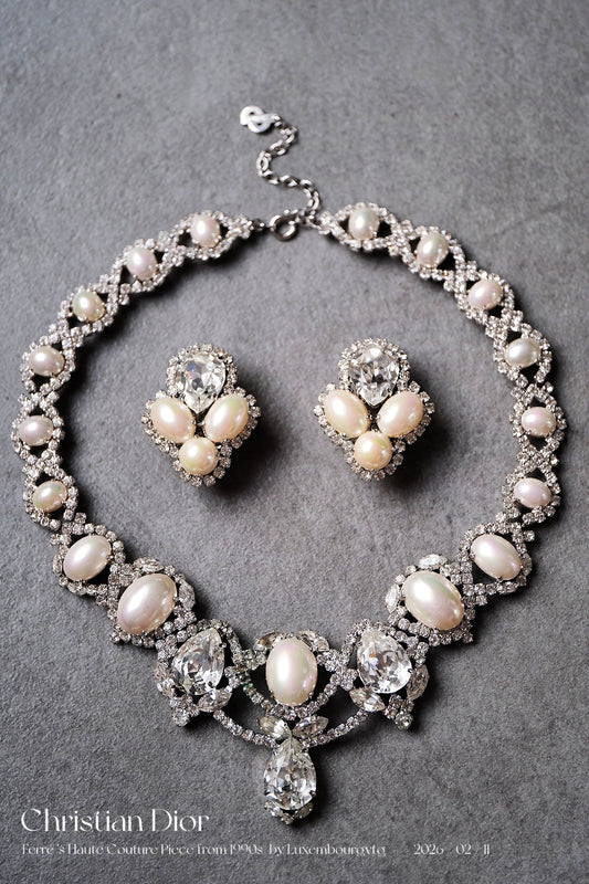 Christian Dior Crystal imitation pearl earclips/necklace jewelry set
