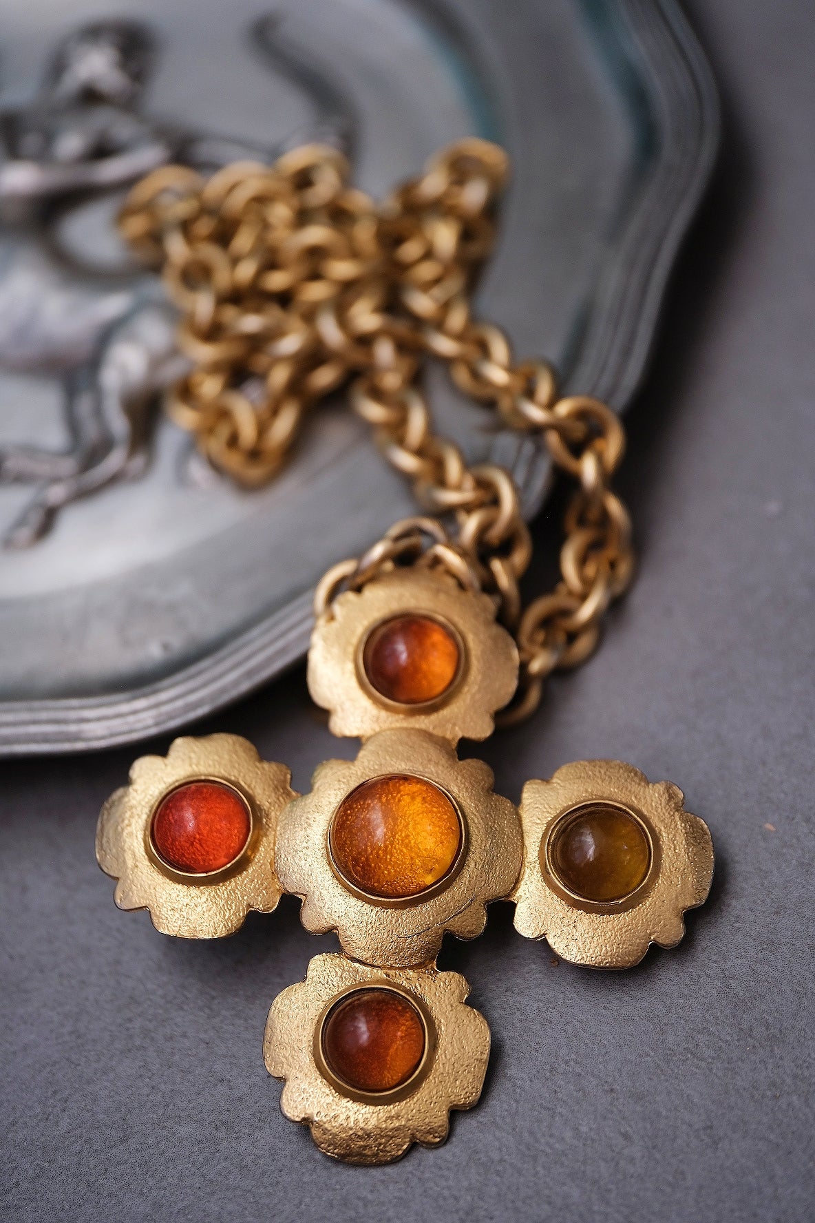 Les Bernard x Vogue Amber Cabochon Cross Pendant Vintage Statement Necklace
