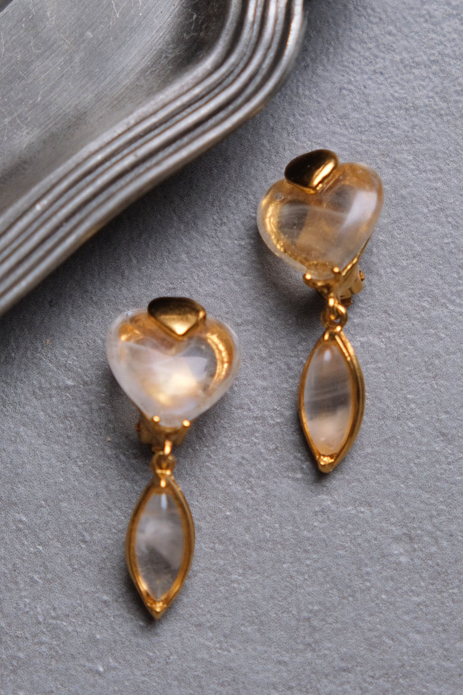 Yves Saint Laurent YSL vintage rock crystal heart Earclips