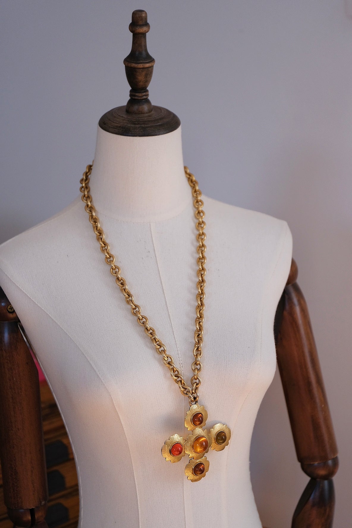 Les Bernard x Vogue Amber Cabochon Cross Pendant Vintage Statement Necklace