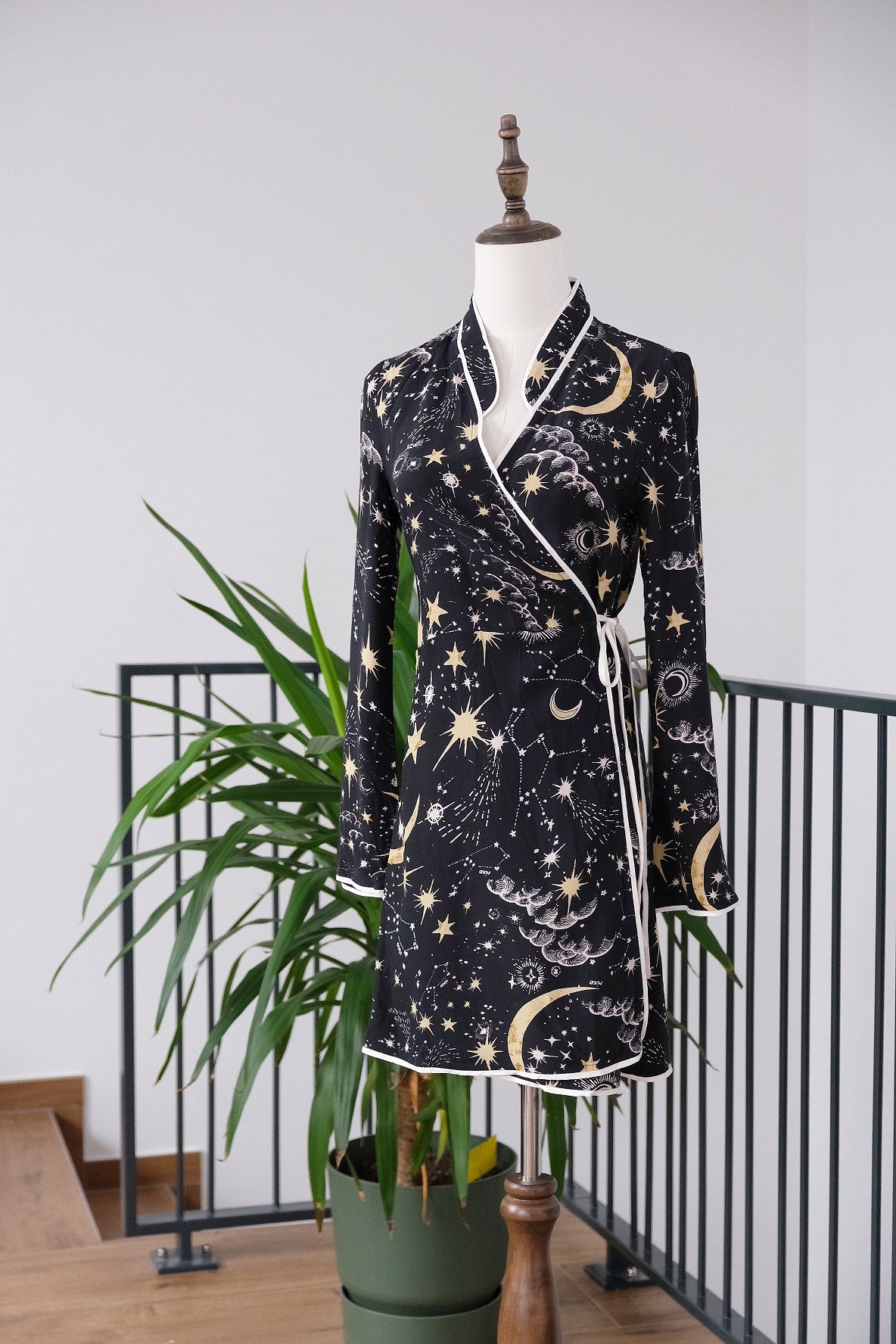 RIXO Iris Star Moon Crepe Wrap Mini Dress