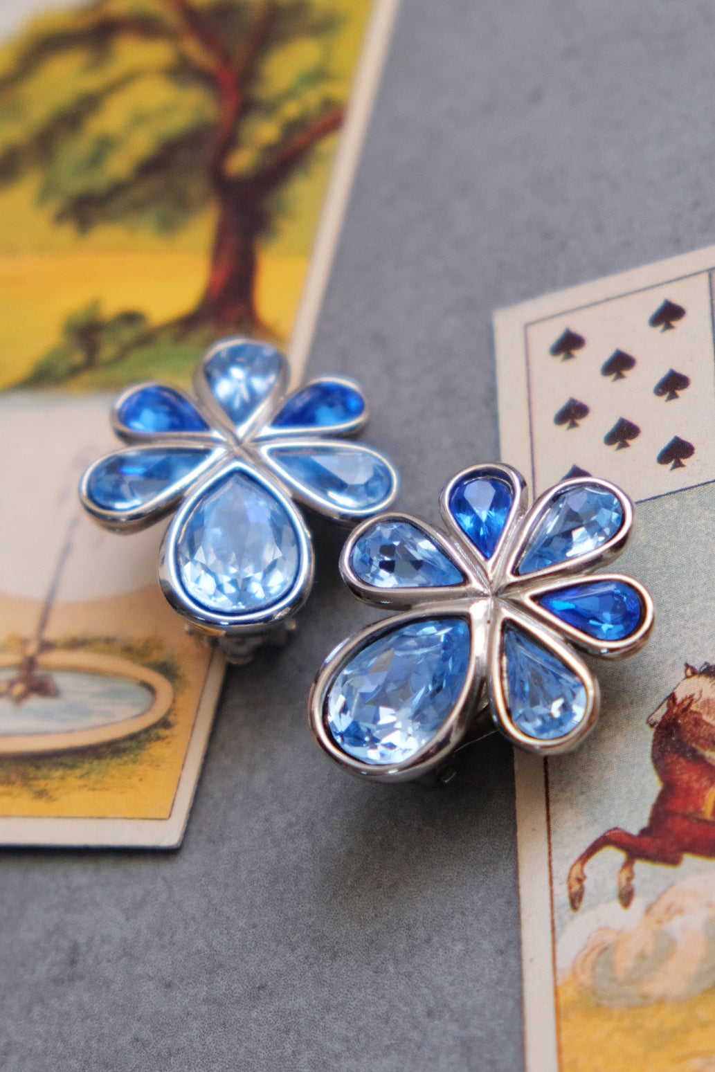 Yves Saint Laurent YSL vintage blue crystal flower Earclips