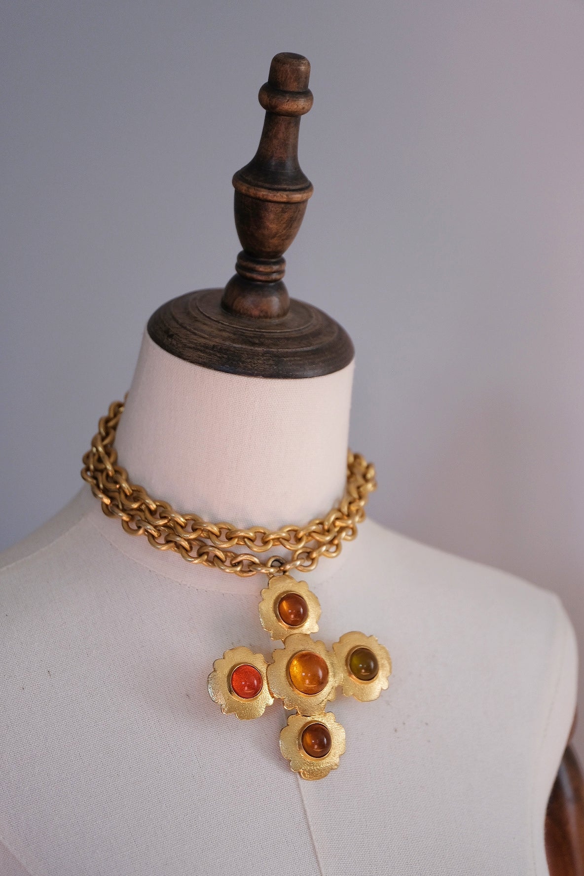 Les Bernard x Vogue Amber Cabochon Cross Pendant Vintage Statement Necklace
