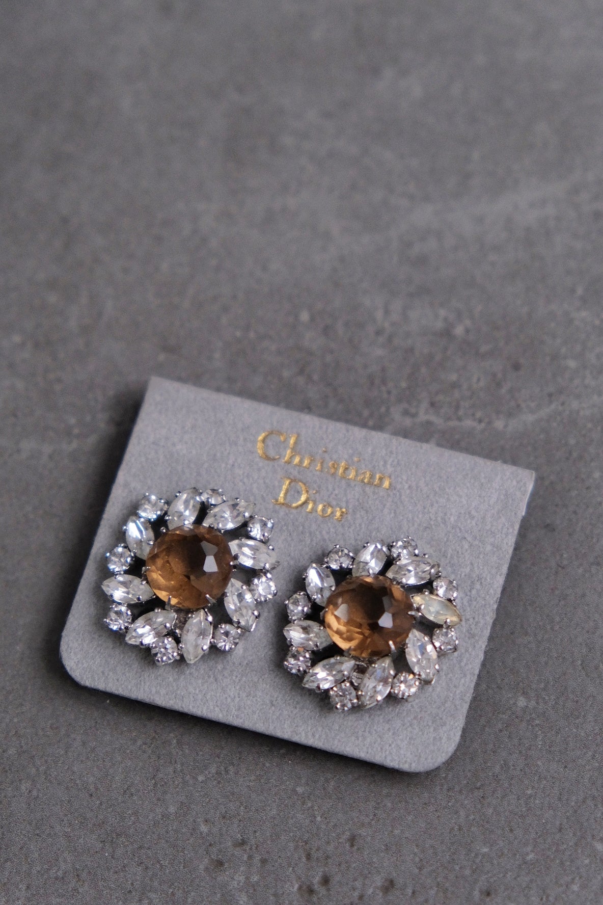 Christian Dior Unsigned Amber Crystal Flower Earclips Vintage Earrings