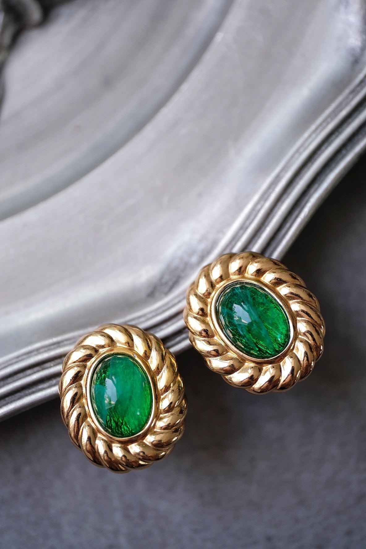 Christian Dior Emerald Green Glass Cabochon Vintage Ear clips