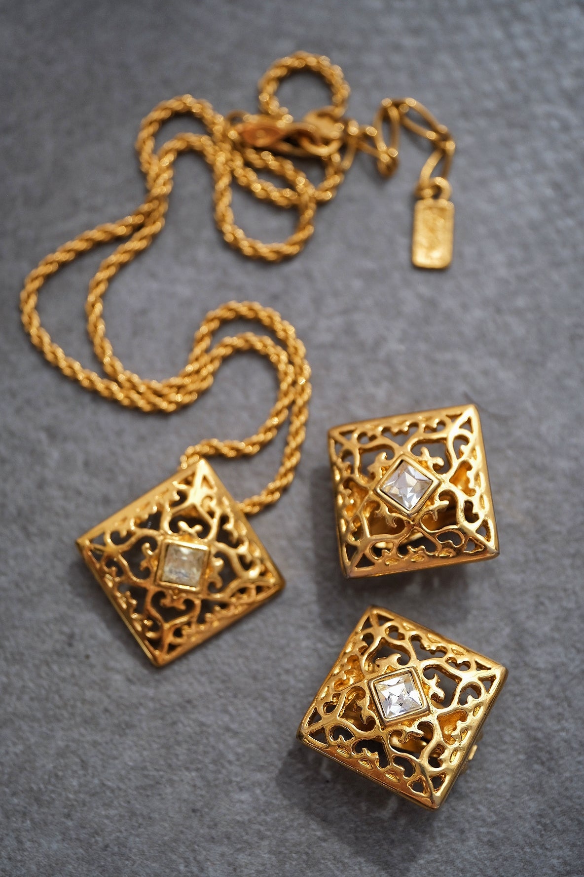 Yves Saint Laurent Vinatge Gold Tone Filigree Necklace and Earrings Set