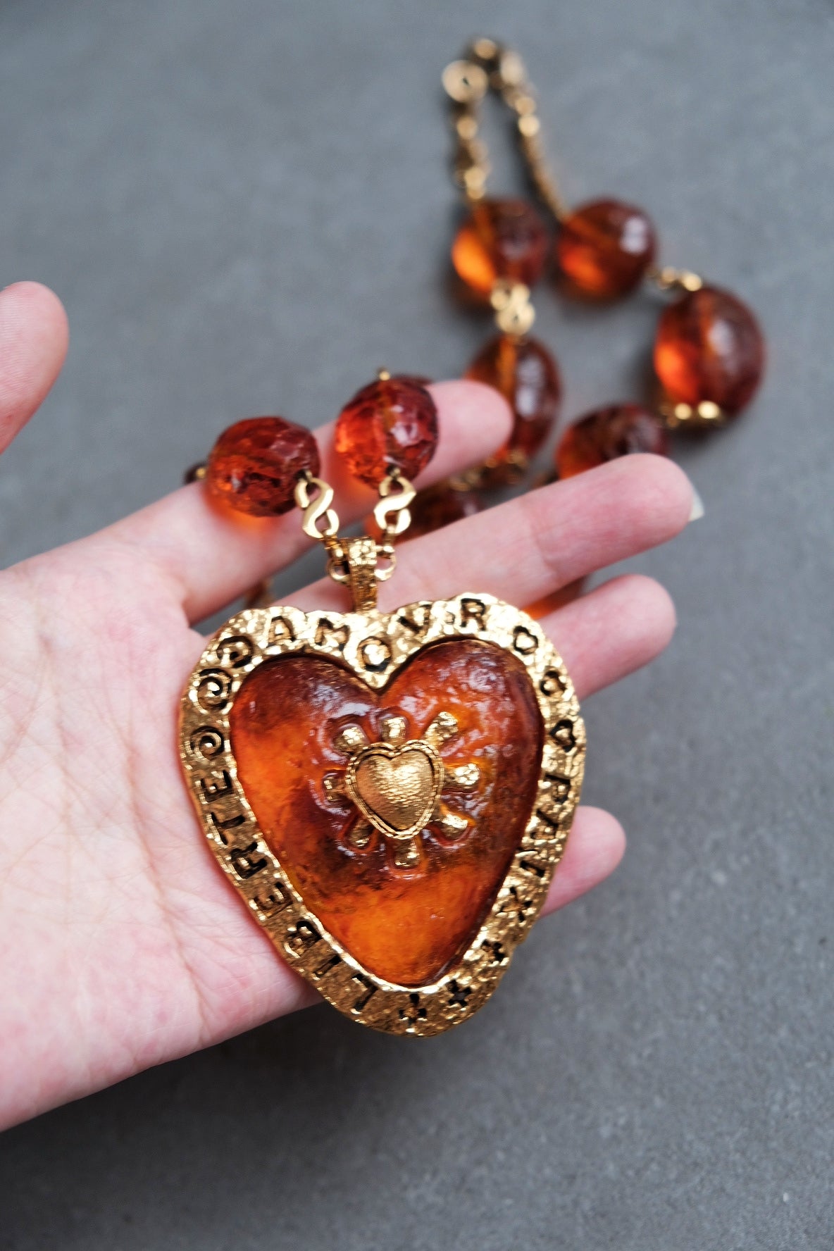 Poggi Paris Amber Resin Jelly Heart Vintage Necklace