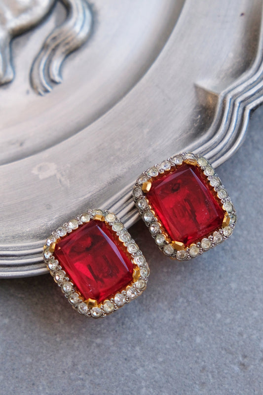 VALENTINO Ruby Color Rhinestone Statement Vintage Ear Clips
