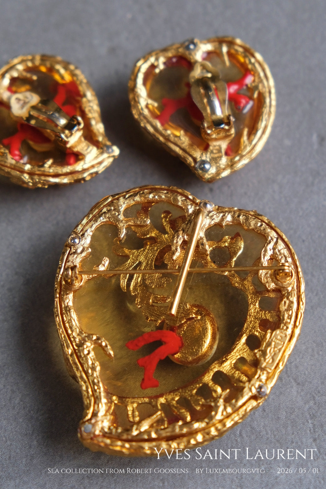 Yves Saint Laurent Vintage massive size heart brooch/earclips jewelry set