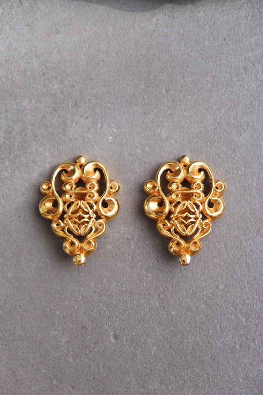 LOEWE Gold Toned Statement Lock Ear Clips with Logo Vintage Earclips