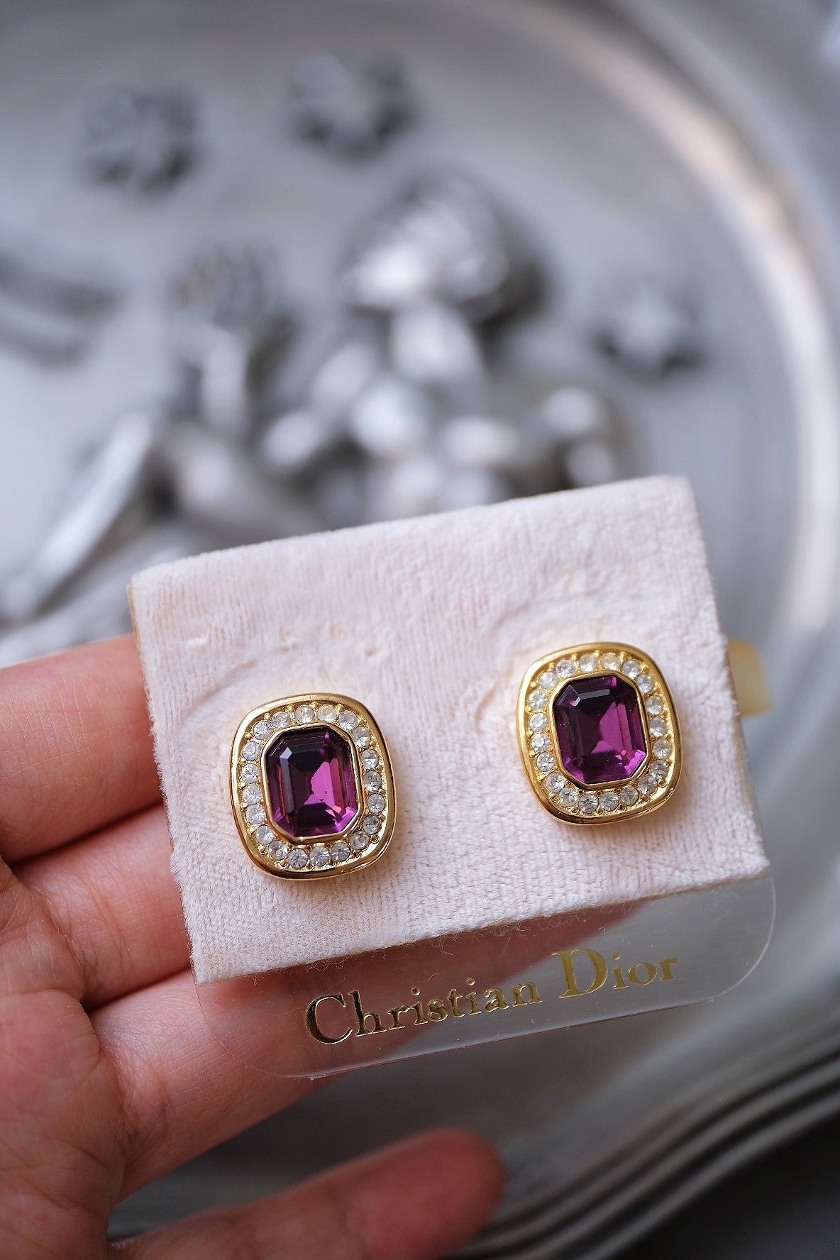 Christian Dior Purple Crystal Rhinestone Vintage Ear clips