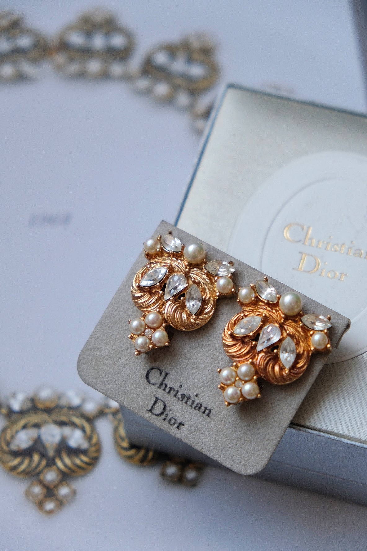 Christian Dior Pearl & Crystal Swirl ear clips vintage earrings