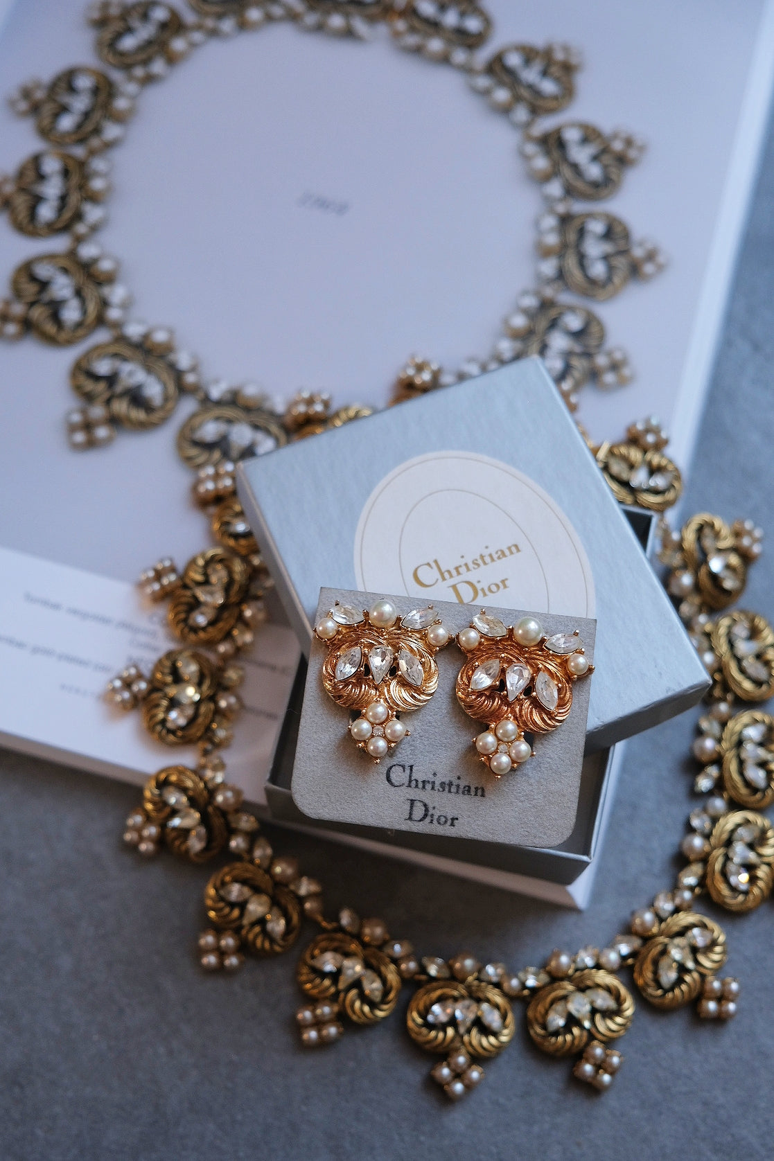 Christian Dior Pearl & Crystal Swirl ear clips vintage earrings