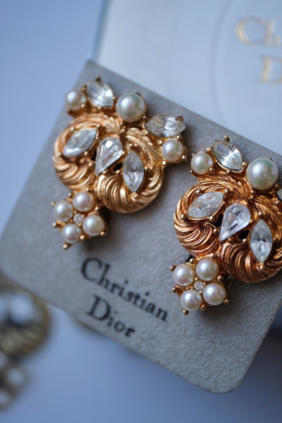 Christian Dior Pearl & Crystal Swirl ear clips vintage earrings