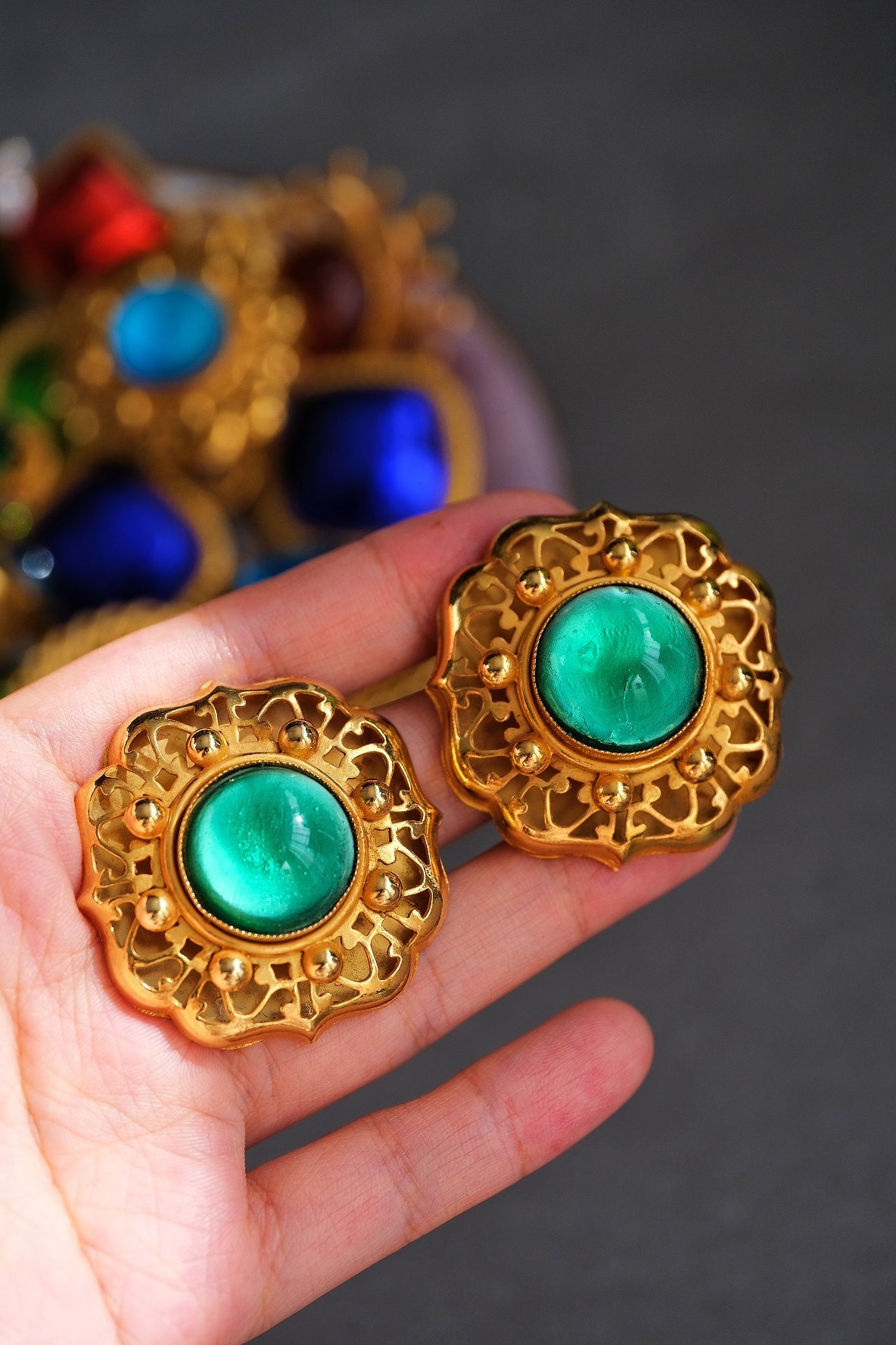 Philippe Ferrandis Vintage Turquoise Glass Floral Ear Clips