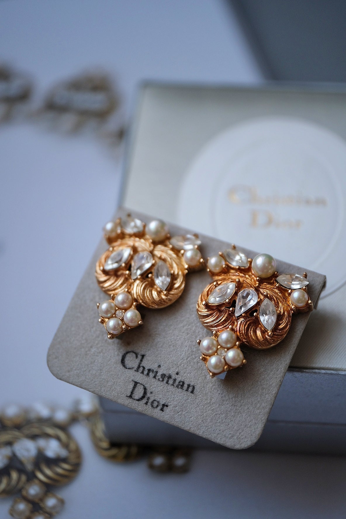 Christian Dior Pearl & Crystal Swirl ear clips vintage earrings