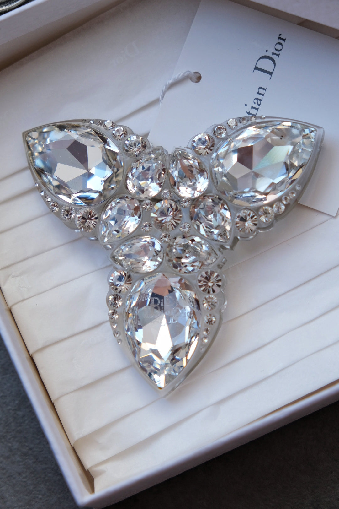 Christian Dior Vintage SS 2004 by John Galliano Clear Crystal Rhinestone Dior Insignia Brooch Pin