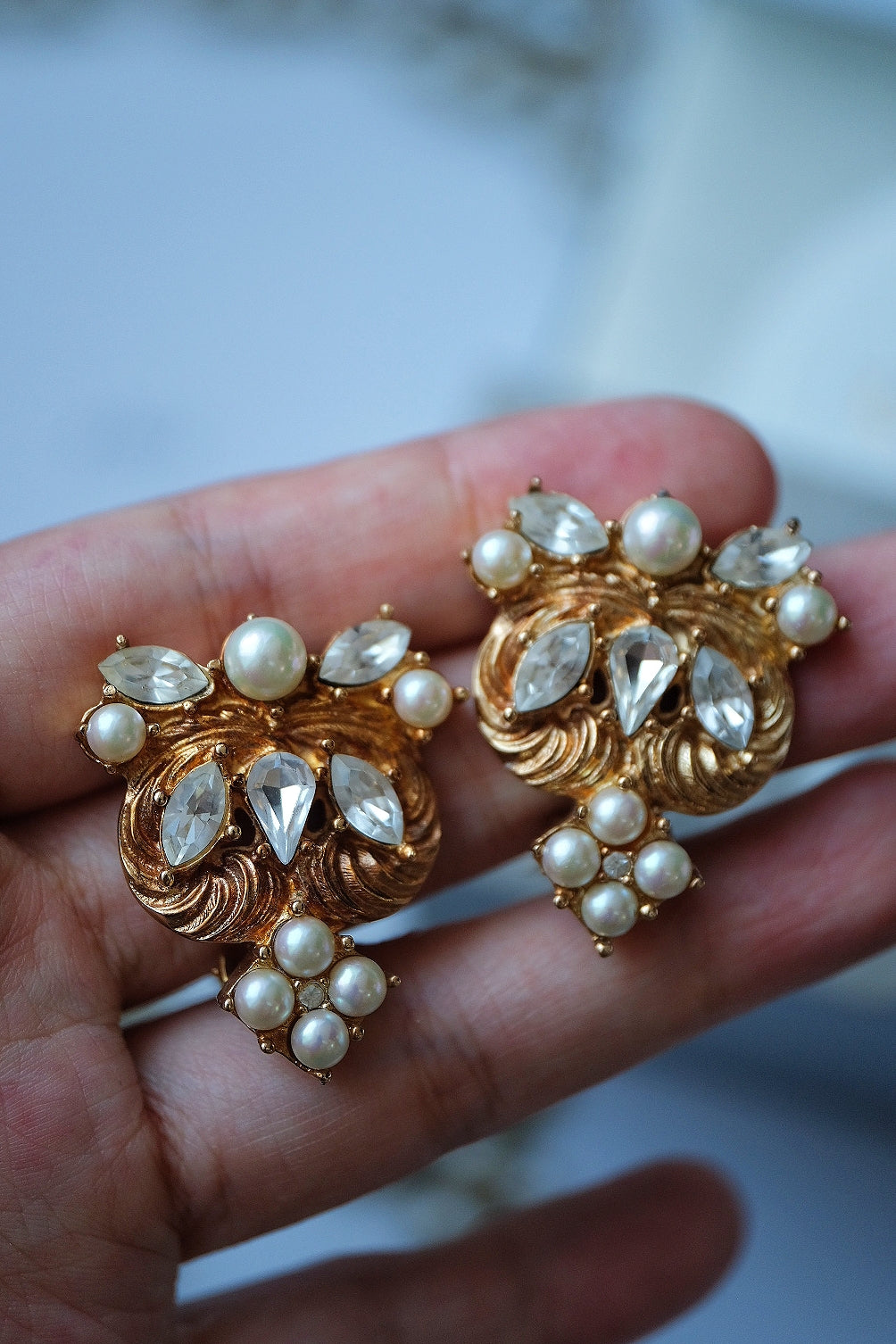 Christian Dior Pearl & Crystal Swirl ear clips vintage earrings