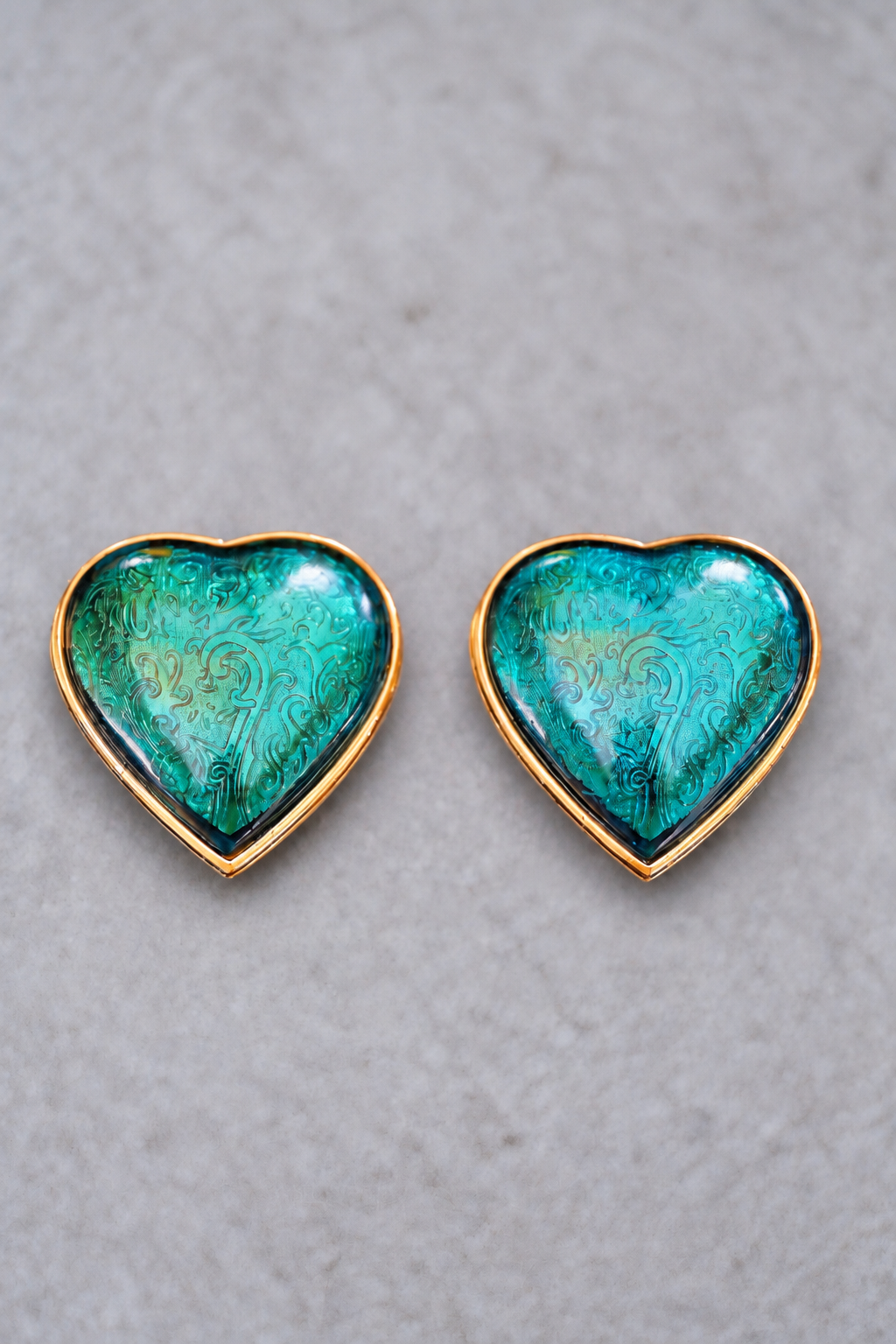 Yves Saint Laurent YSL Green Enamel Heart Earclips Statement earrings