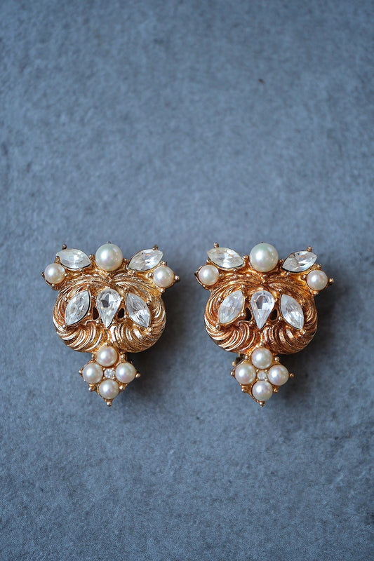 Christian Dior Pearl & Crystal Swirl ear clips vintage earrings