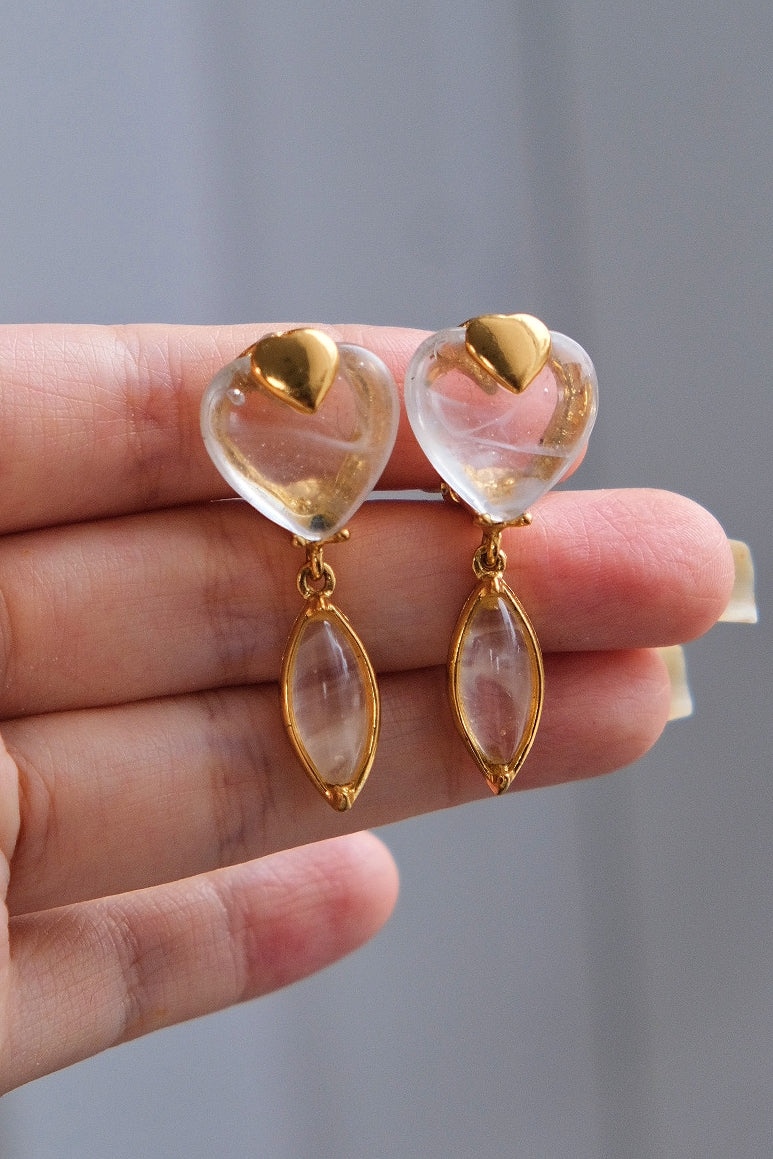 Yves Saint Laurent YSL vintage rock crystal heart Earclips
