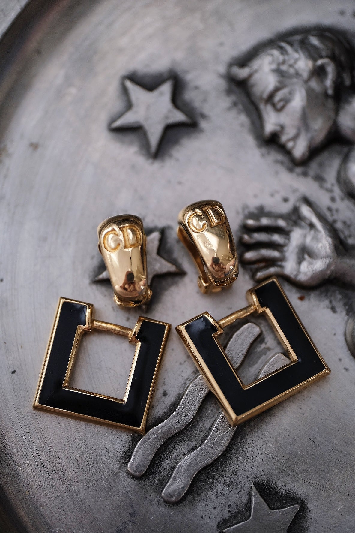 Christian Dior CD Black Enamel Square Vintage Earclips