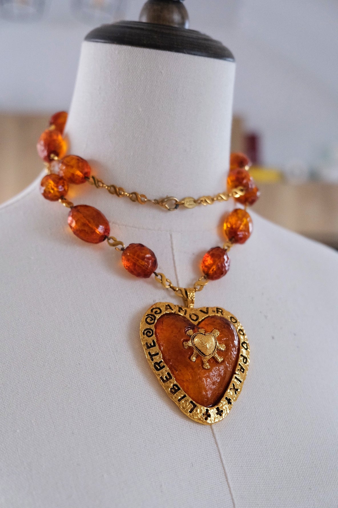 Poggi Paris Amber Resin Jelly Heart Vintage Necklace
