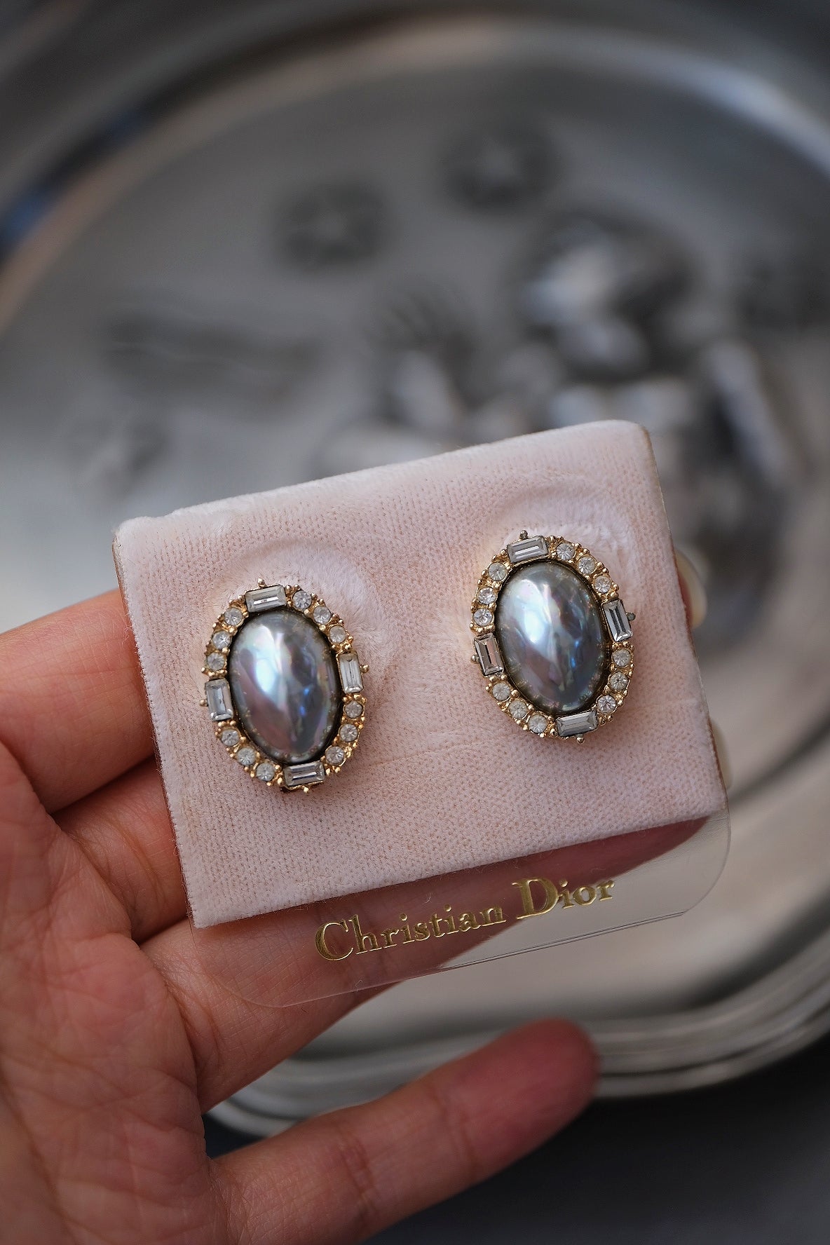 Christian Dior Imitation Grey Pearl Crystal Vintage Ear clips Earrings