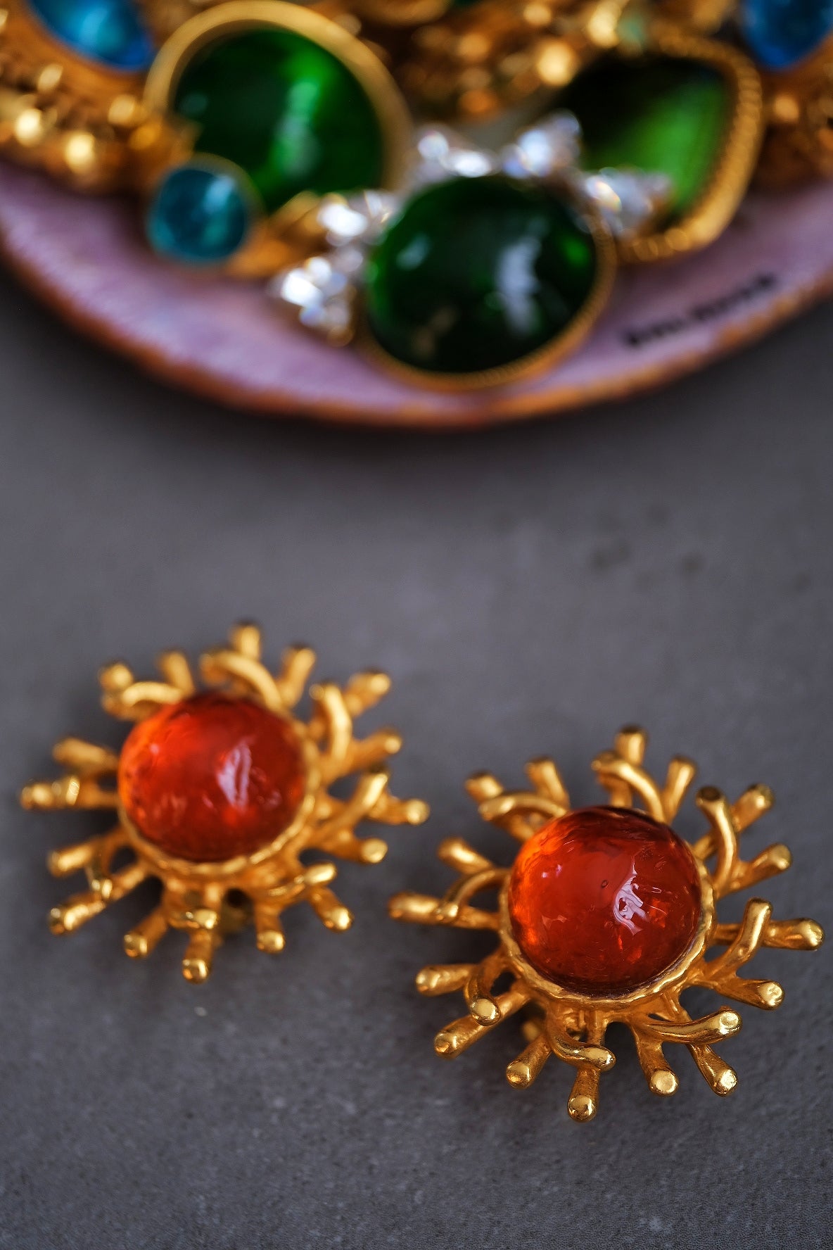 Philippe Ferrandis Vintage Orange Gripoix Cabochon Sun Ear Clips