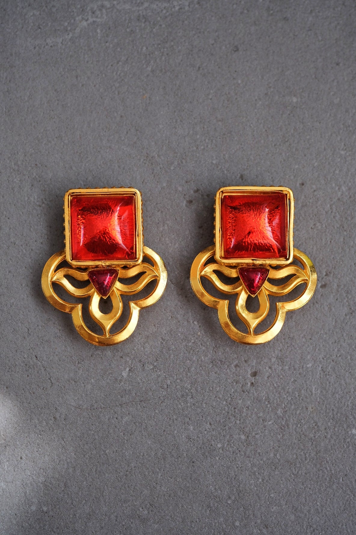 Philippe Ferrandis Vintage Red Glass Statement Ear Clips