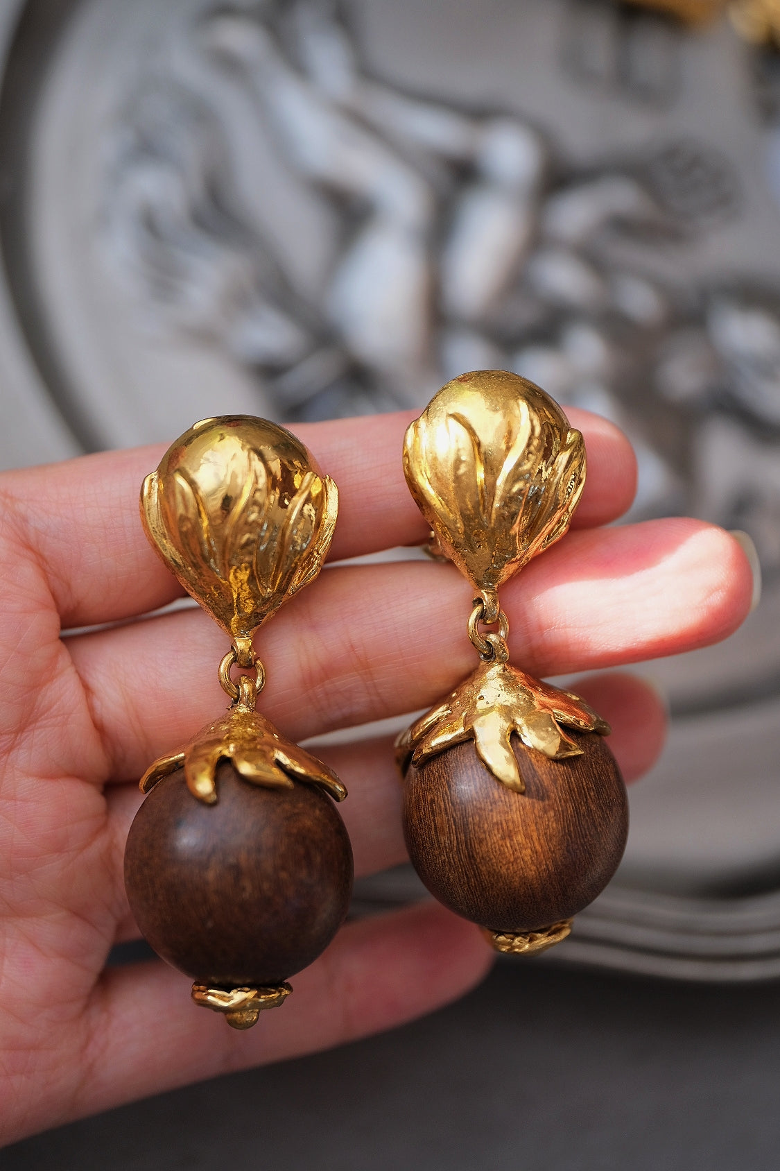 Yves Saint Laurent YSL Wood Bead Drop Earrings Vinatge Earclips