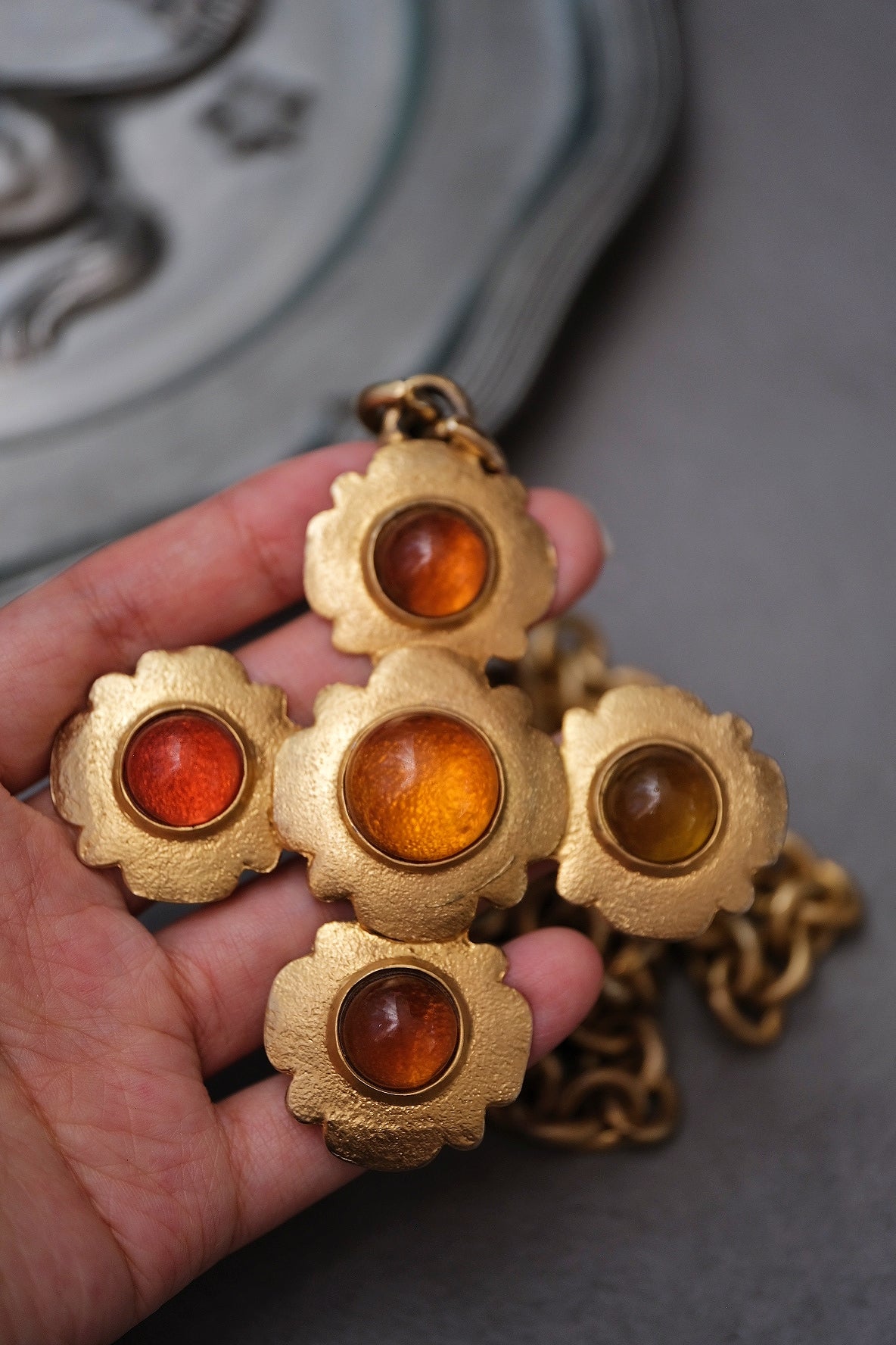 Les Bernard x Vogue Amber Cabochon Cross Pendant Vintage Statement Necklace