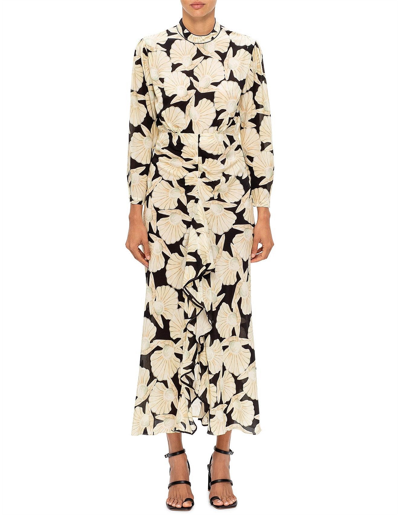COMING SOON     RIXO Dani Pearl Shell Black and Cream Silk High Neck Maxi Dress