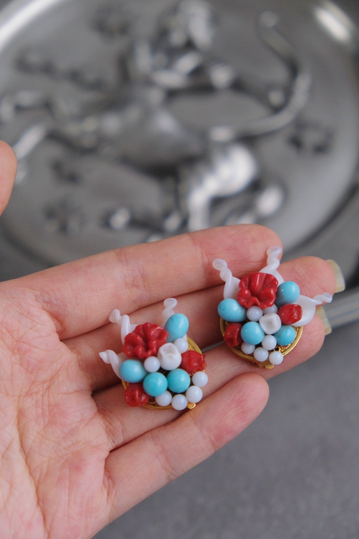 Louis Rousselet Glass Flower Earclips Vintage Earrings