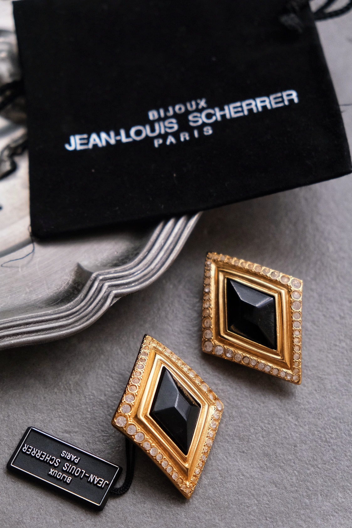 JEAN LOUIS SCHERRER Vintage massive size black glass crystal earclips