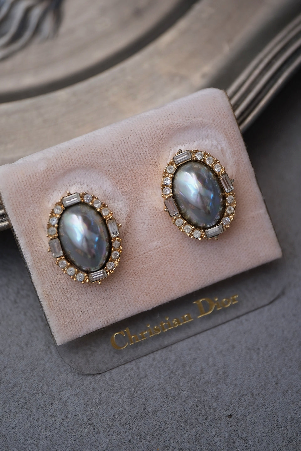 Christian Dior Imitation Grey Pearl Crystal Vintage Ear clips Earrings