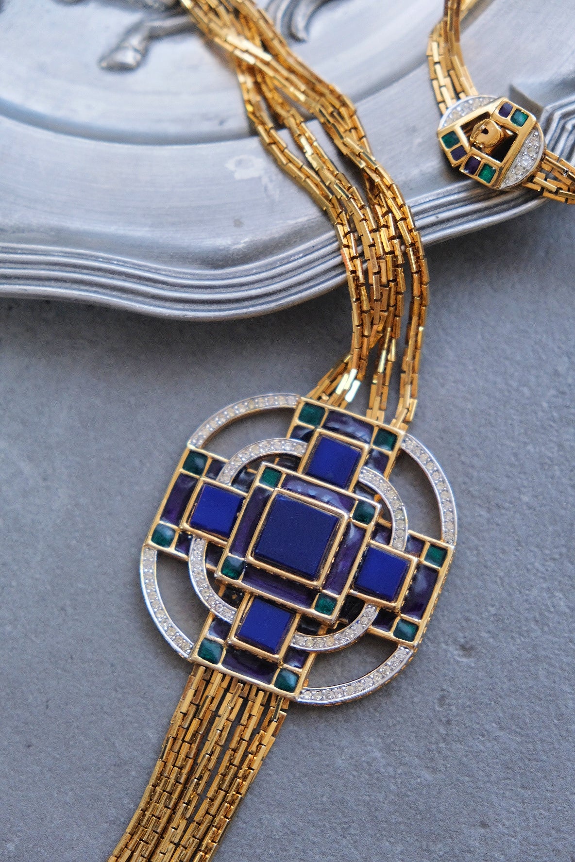 D'ORLAN Blue glass stone long necklace French Vintage necklace