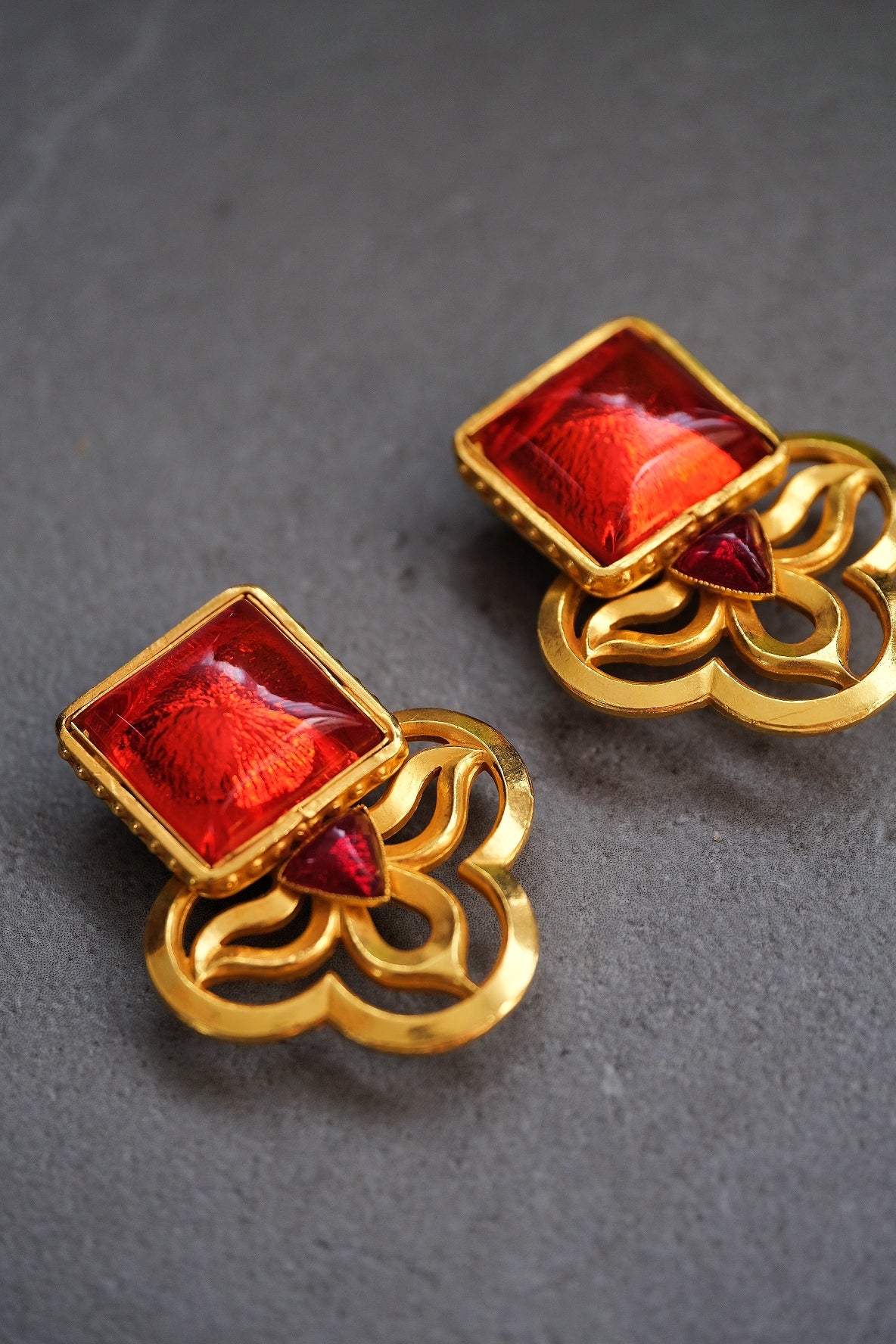 Philippe Ferrandis Vintage Red Glass Statement Ear Clips