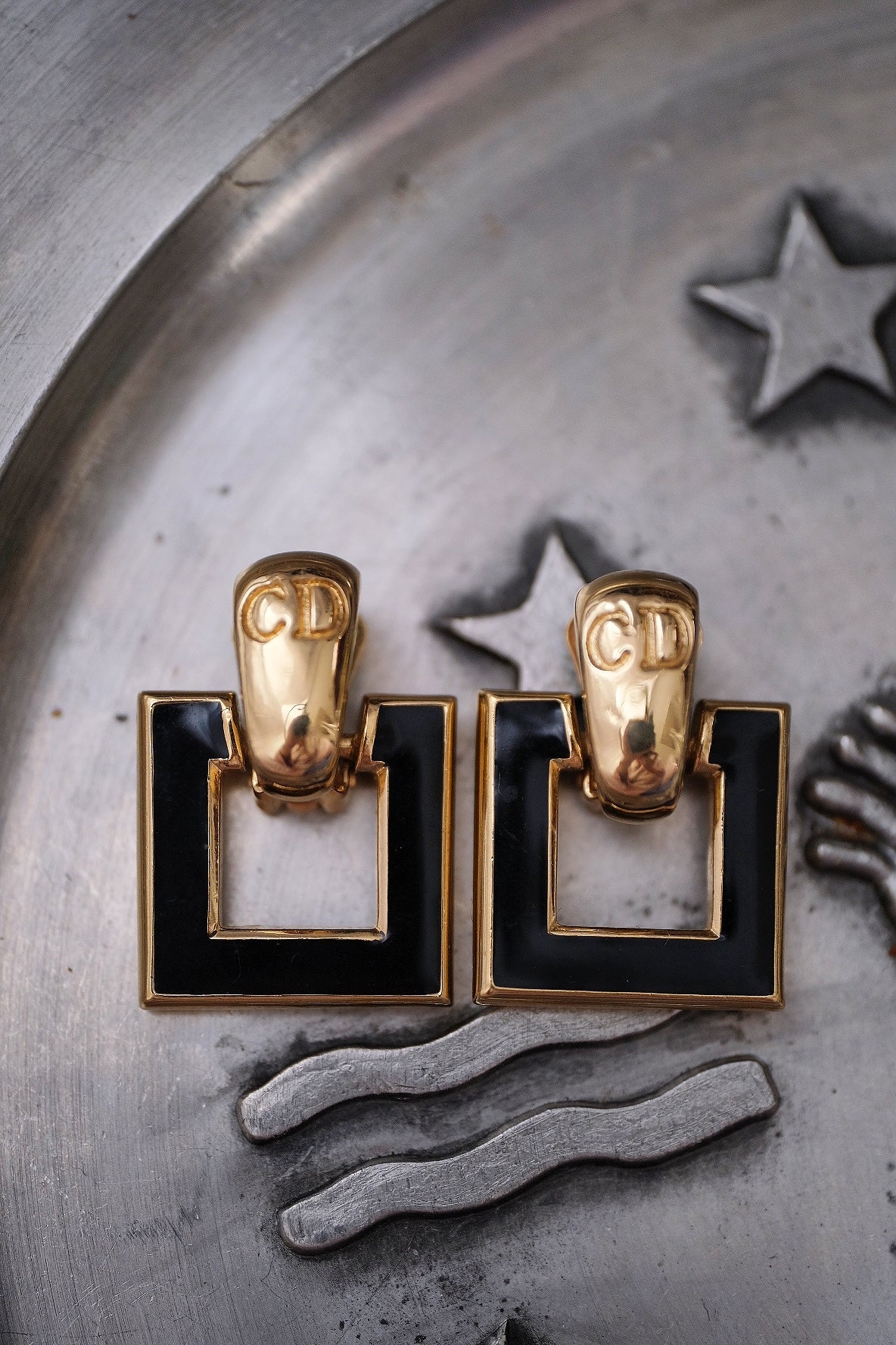 Christian Dior CD Black Enamel Square Vintage Earclips
