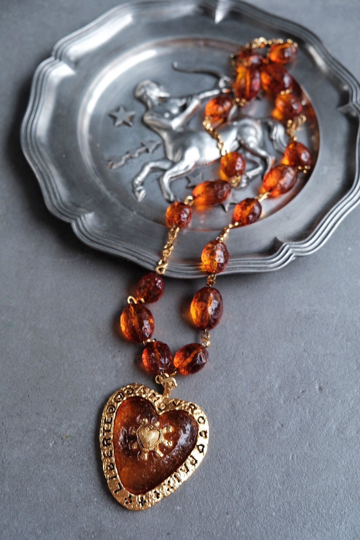 Poggi Paris Amber Resin Jelly Heart Vintage Necklace