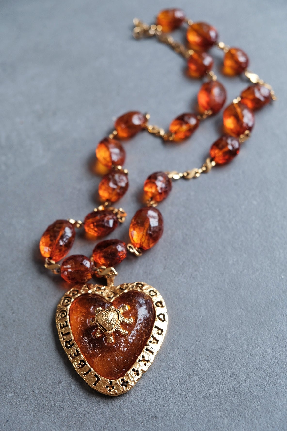 Poggi Paris Amber Resin Jelly Heart Vintage Necklace