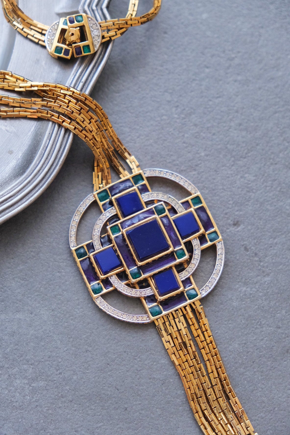 D'ORLAN Blue glass stone long necklace French Vintage necklace