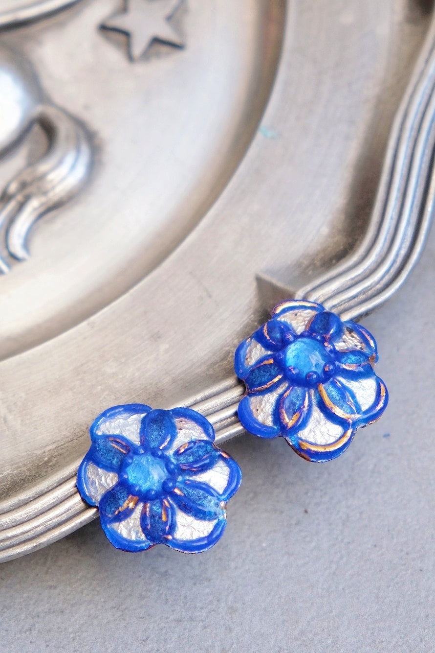 ANDREÉ BAZOT Navy Blue Silver Foil Limoges Enamel French Vintage Earclips