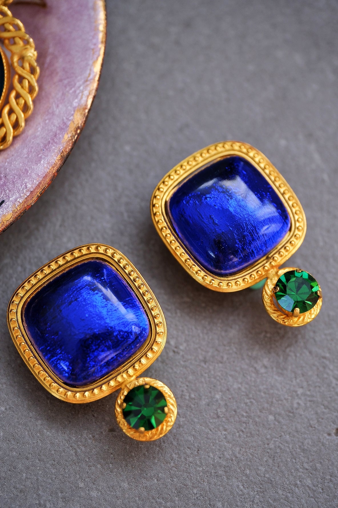 Philippe Ferrandis Blue Glass & Green Crystal Ear Clips