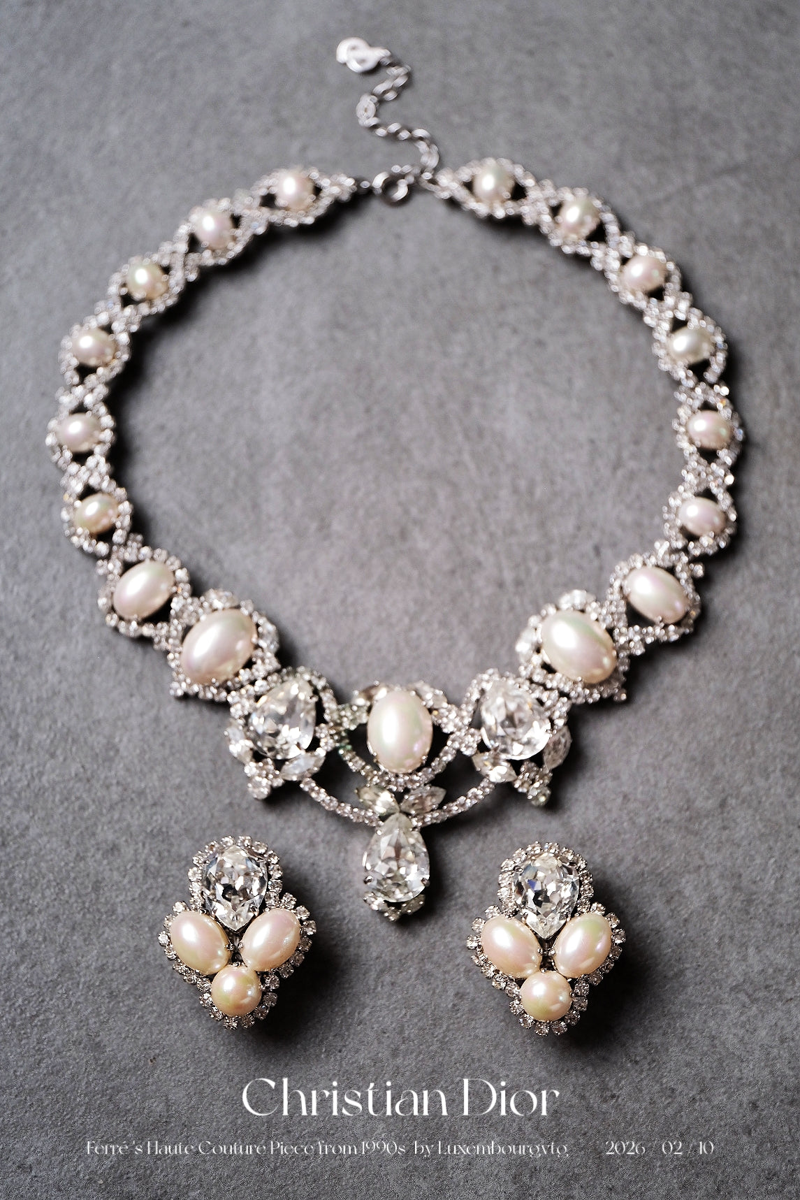 Christian Dior Crystal imitation pearl earclips/necklace jewelry set