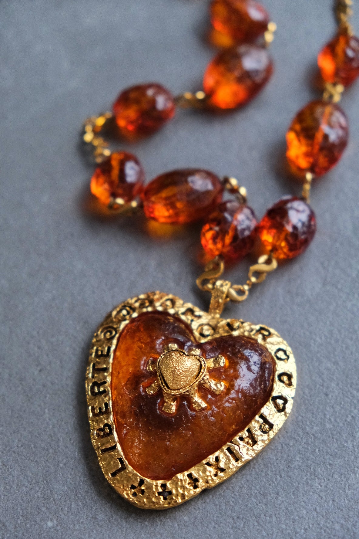Poggi Paris Amber Resin Jelly Heart Vintage Necklace