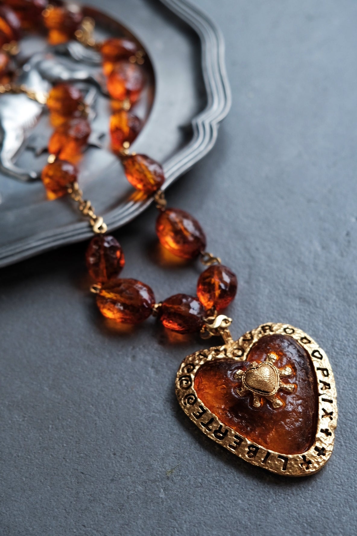Poggi Paris Amber Resin Jelly Heart Vintage Necklace