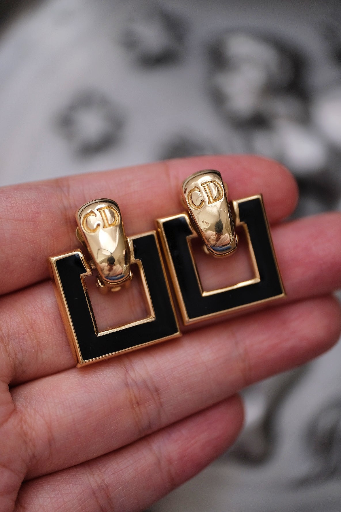 Christian Dior CD Black Enamel Square Vintage Earclips